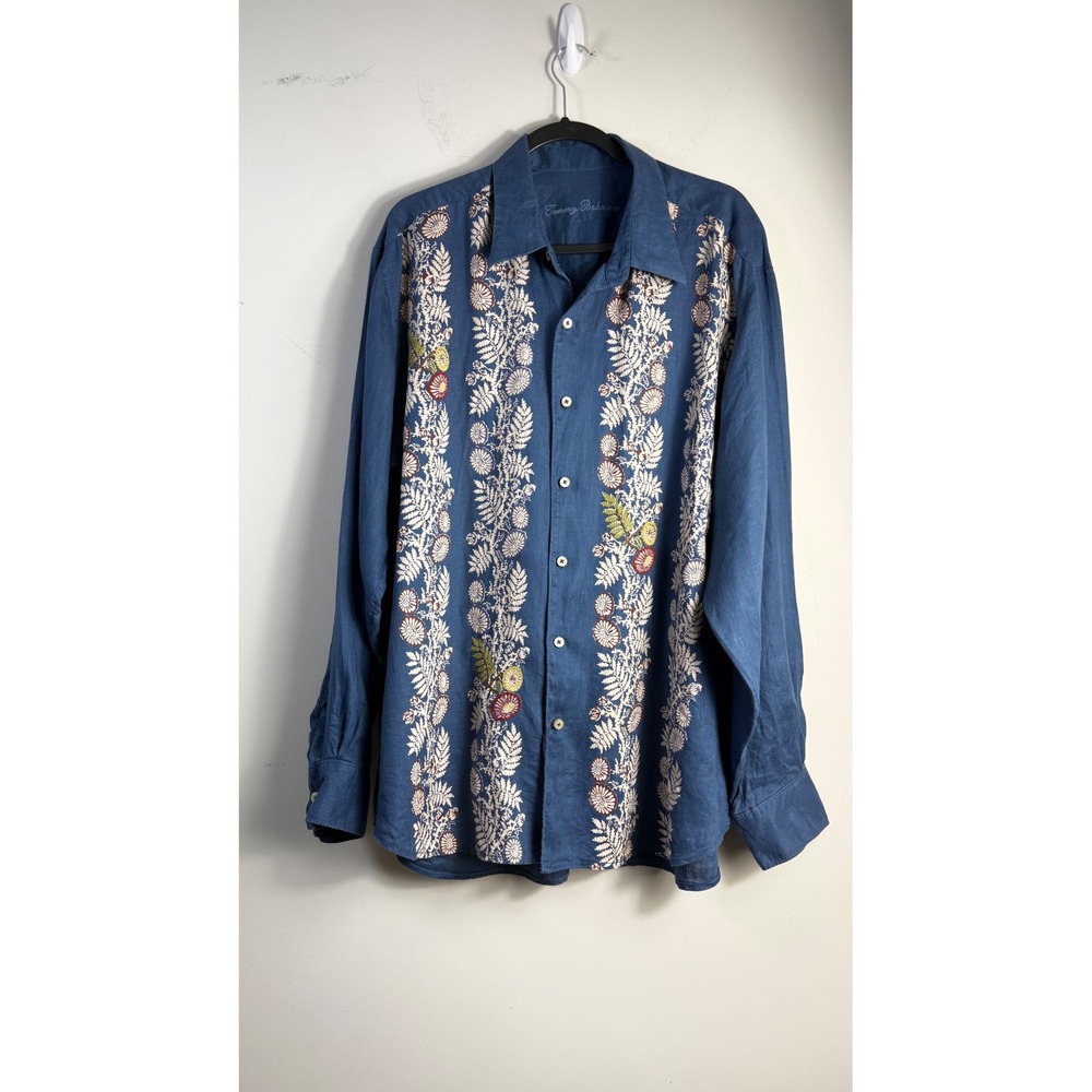 Tommy Bahama Button Down Shirt Blue Linen Floral Embroidered Panel Print Mens XL